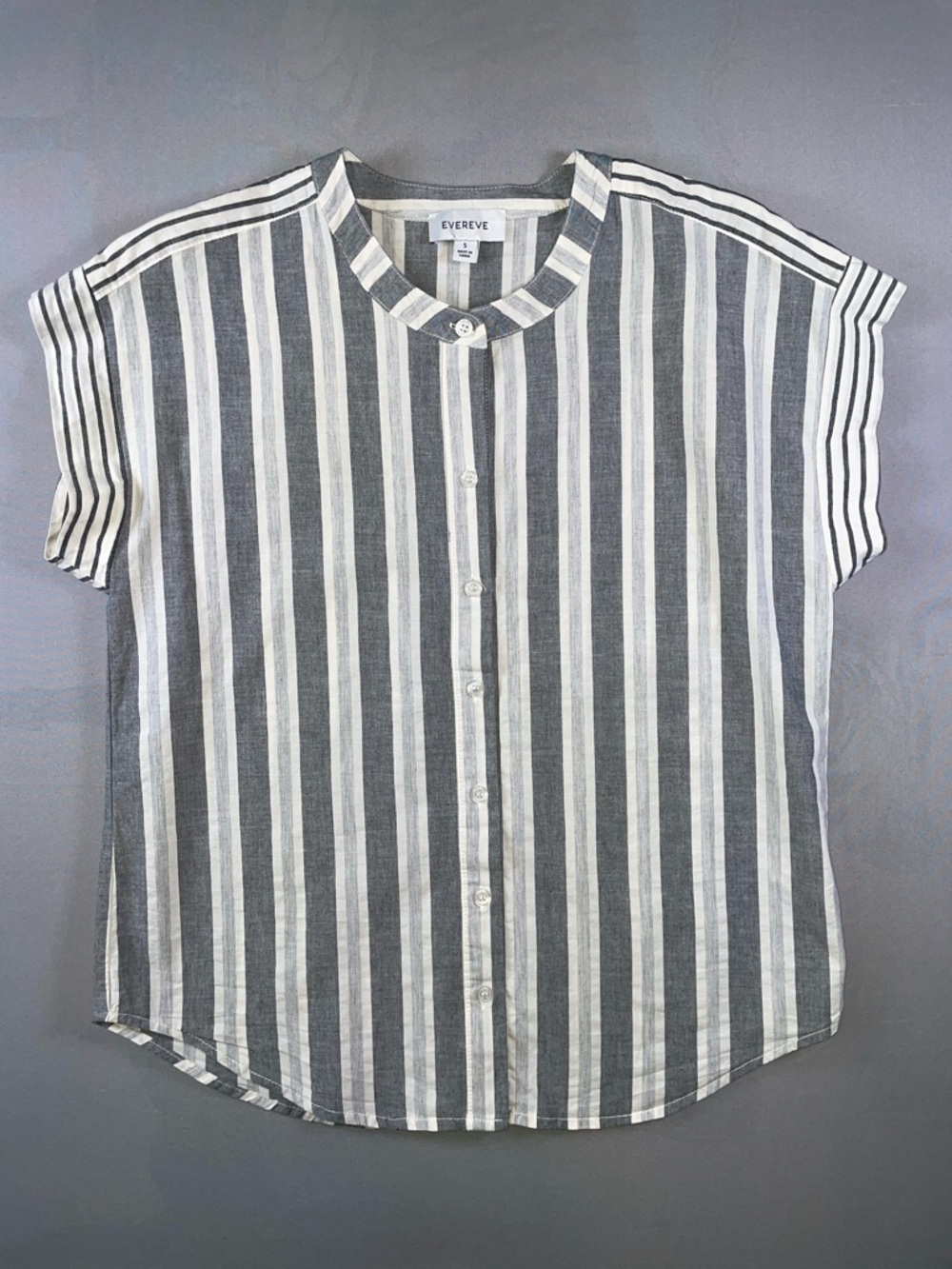 Evereve Striped Cotton Addison, Mandarin Collar, Gray & White Short-Sleeve Small
